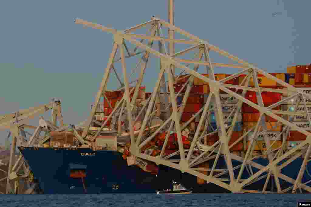 A view of the Dali cargo vessel that crashed into the Francis Scott Key Bridge, causing it to collapse in Baltimore, March 26, 2024.