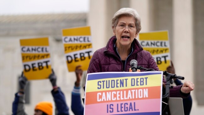 Sen. Elizabeth Warren speaks at a rally for student debt relief advocates gather outside the Supreme Court on Capitol Hill in Washington, Feb. 28, 2023, as the court hears arguments over President Joe Biden's student debt relief plan.