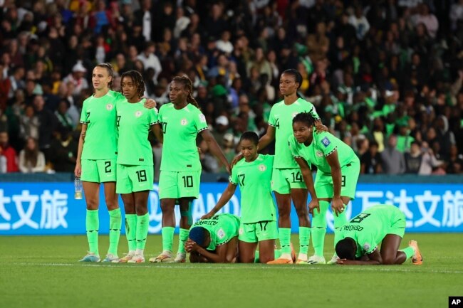 FILE - Nigeria's players react during a penalty shootout during the Women's World Cup round of 16 soccer match between England and Nigeria in Brisbane, Australia, Aug. 7, 2023. (AP Photo/Tertius Pickard)