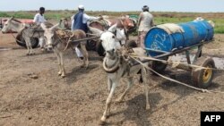 Men queue to fill tanks with water from a well in Gadaref, Sudan, on Aug. 17, 2023. For more than three months, millions have been rationing water and electricity, unable to reach the few health care facilities that still function in the country.