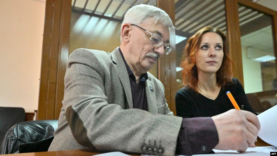 Oleg Orlov, co-chair of the Nobel Prize-winning Russian human rights organization Memorial, accused of repeatedly discrediting the Russian army, appears in court in Moscow, Oct. 11, 2023.