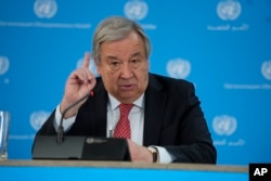 FILE - UNSecretary-General Antonio Guterres addresses reporters during a visit to the U.N. office in Nairobi, Kenya, May 3, 2023.