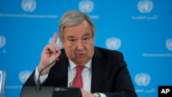 FILE - United Nations Secretary-General Antonio Guterres addresses reporters during a visit to the U.N. office in Nairobi, Kenya, May 3, 2023. This week, the U.N. is hosting its third high-level conference of heads of counterterrorism agencies. 