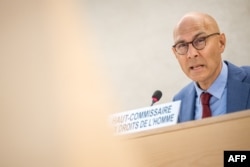 UN High Commissioner for Human Rights Volker Türk delivers a speech at the opening of the 54th UN Human Rights Council in Geneva, Sept. 11, 2023.