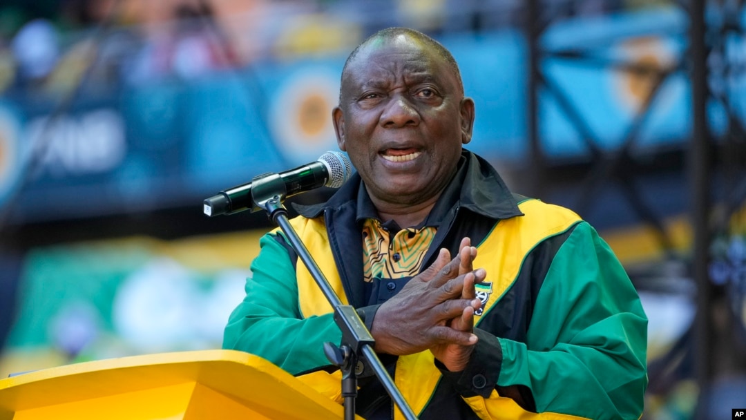 FILE - South African President Cyril Ramaphosa addresses African National Congress supporters in Johannesburg, May 25, 2024. He says his government had not confiscated any land, and he looks forward to engaging with Trump to foster a better understanding over the matter.