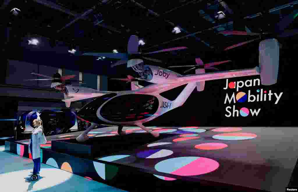 A view of a flying vehicle of Joby Aviation during the Japan Mobility Show 2023 at Tokyo Big Sight in Tokyo, Oct. 25, 2023.