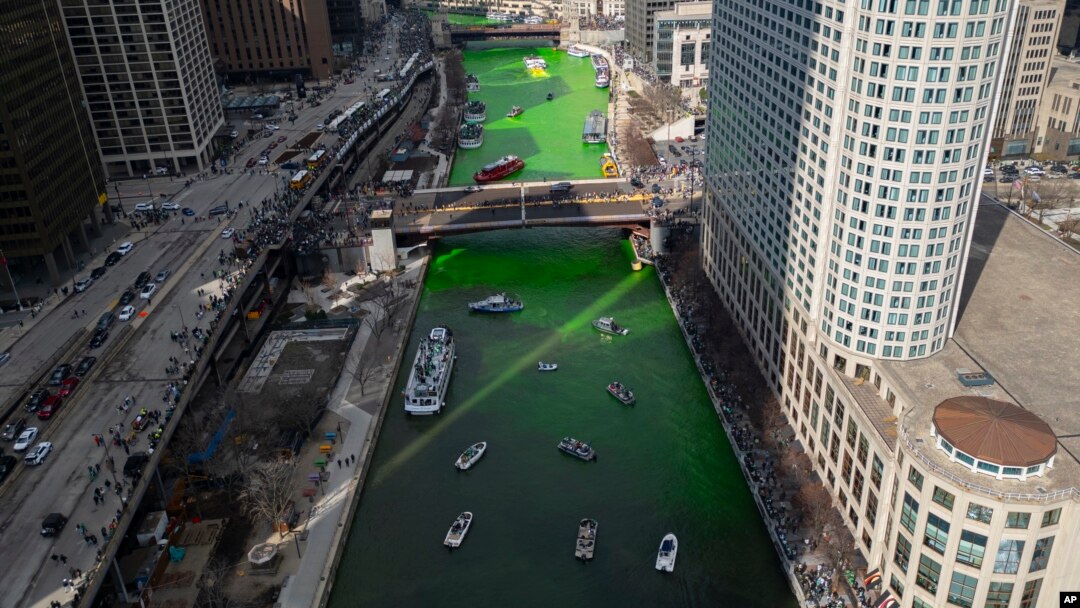 The Chicago River is dyed green ahead of St. Patrick's Day celebrations, March 16, 2024, in Chicago. 