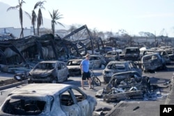 Seorang pria berjalan melewati reruntuhan kebakaran hutan pada 11 Agustus 2023, di Lahaina, Hawaii. (Foto: AP)