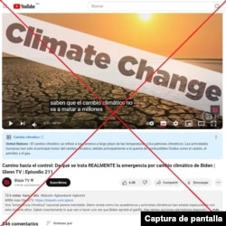 Captura de pantalla de desinformación en YouTube sobre el cambio climático con subtítulos en español y traducción automática del titular.