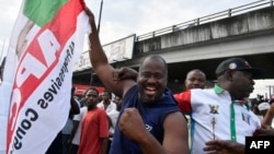 Nollywood actor and Nigerian member of parliament Desmond Elliot holds a party flag to celebrate as Bola Tinubu is declared president-elect at Surulere district of in Lagos, on March 1, 2023.