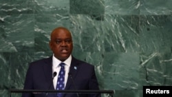 FILE - Botswana's President Mokgweetsi Masisi speaks at U.N. Headquarters in New York City, Sept. 22, 2022. Botswana reached a deal with Namibia in February 2023 to scrap passport requirements between the countries, and Masisi plans to discuss the issue with Zimbabwe and Zambia.