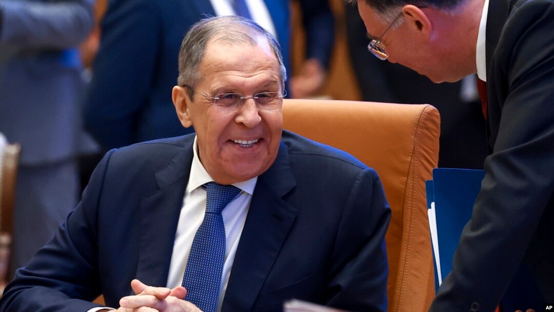 Russian Foreign Minister Sergey Lavrov attends a meeting of foreign ministers of the Commonwealth of Independent States, in Samarkand, Uzbekistan, April 14, 2023. (Russian Foreign Ministry Press Service via AP)