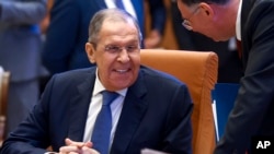 Russian Foreign Minister Sergey Lavrov attends a meeting of foreign ministers of the Commonwealth of Independent States, in Samarkand, Uzbekistan, April 14, 2023. (Russian Foreign Ministry Press Service via AP)