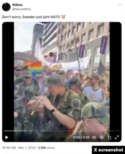 Footage using Swedish service members participating in a Pride parade to characterize the military as “weak” and not a NATO asset; Photo credit: X