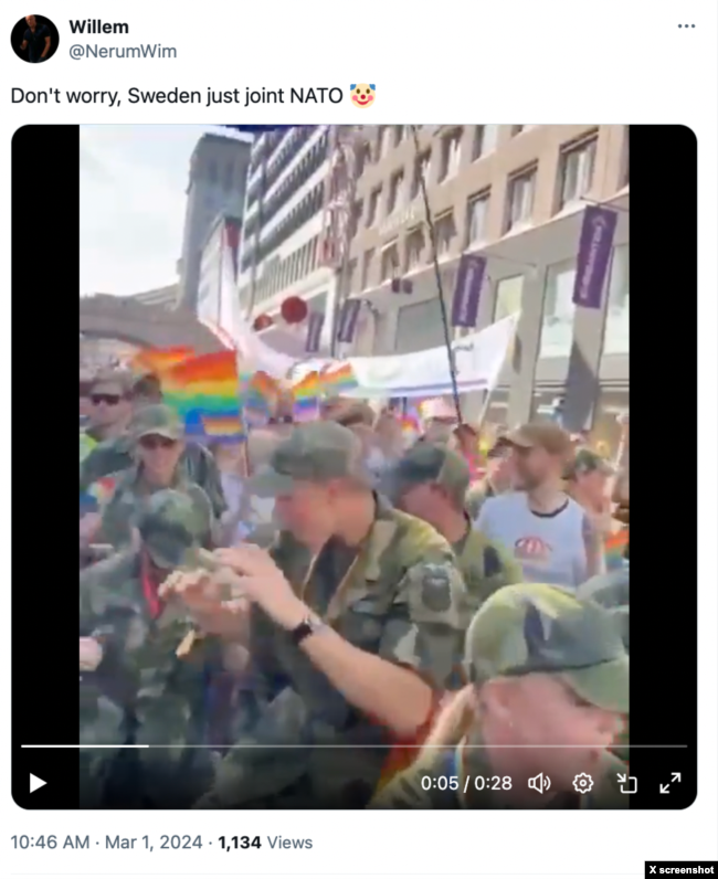 Відео, на якому шведські військовослужбовці беруть участь у Марші рівності, щоб охарактеризувати військових як "слабких", а не активів НАТО. Фото: X