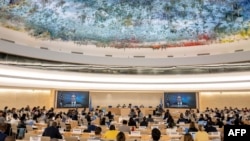 스위스 제네바에서 유엔 인권이사회 회의가 열리고 있다. 화면 속은 토니 블링컨 미 국무장관. (자료사진)