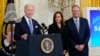 FILE - President Joe Biden, with Vice President Kamala Harris and her husband, Douglas Emhoff, speaks during a reception marking the Jewish new year at the White House in Washington, Sept. 30, 2022. Biden on May 25, 2023, announced a U.S. government effort to fight antisemitism.
