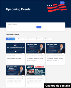 Captura de pantalla de eventos oficiales de campaña de Ron DeSantis