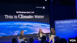 Libby Casey, left, of The Washington Post speaks with World Wildlife Fund’s Melissa Ho and Julie Waechter, co-CEO of DigDeep, during an online forum on the world's water crisis hosted by The Washington Post on March 15, 2023. (Julie Taboh/VOA)