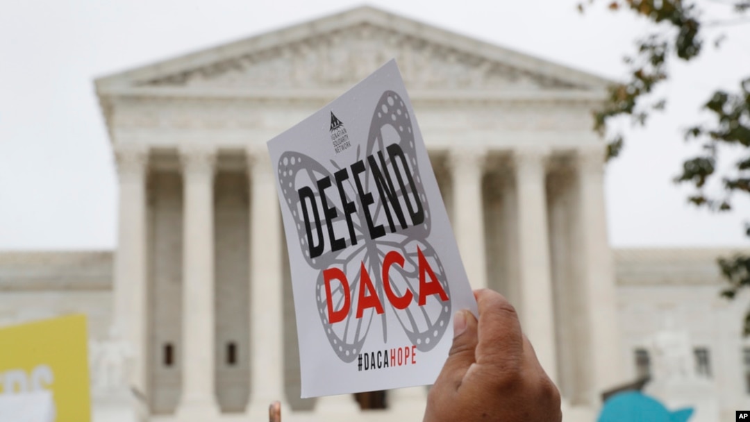 FILE - People rally outside the U.S. Supreme Court in Washington over former President Donald Trump's decision to end the Deferred Action for Childhood Arrivals program, Nov. 12, 2019. DACA's future remains in limbo with a court hearing set for Oct. 10, 2024.