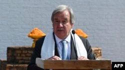 United Nations Secretary General Antonio Guterres addresses the media during his visit to the Maya Devi Temple at the UNESCO World Heritage Site of Lumbini, Oct. 31, 2023, as part of his four-day visit to Nepal.