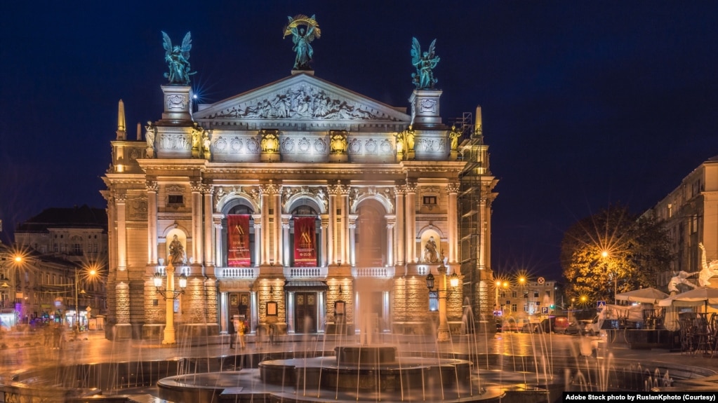 FILE - Lviv opera house view, historical center at blue hour after sunset, Ukraine. 8-20-2017. (Adobe Stock Photo by RuslanKphoto)