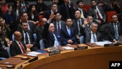 Security Council members vote on a resolution allowing Palestinian U.N. membership at U.N. headquarters in New York, April 18, 2024. The United States vetoed the Palestinian bid for full membership.