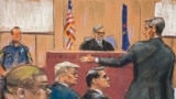 Në skicë paraqitet pamja e sallës ndërsa prokuroria paraqiti argumentat fillestare (Nju Jork, 22 prill 2024)