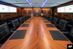 This image provided by the White House shows the completed renovations of the White House Situation Room in Washington, Aug. 16, 2023.