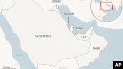 Map showing the Gulf Cooperation Council member states: Saudi Arabia, Bahrain, Qatar, Oman, Kuwait and United Arab Emirates. 