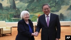 US Treasury Secretary Janet Yellen meets Chinese Premier Li Qiang at the Great Hall of the People in Beijing, China, April 7, 2024. 