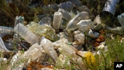 FILE - Plastic bottles and other garbage are seen next to a beach at Fiumicino, Italy, near Rome, Aug. 15, 2020. 
