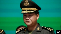 FILE - Cambodian army chief Hun Manet, a son of Cambodian Prime Minister Hun Sen, attends a ceremony of the Royal Cambodian Armed Forces at the Defense Ministry in Phnom Penh, Cambodia, Thursday, April 20, 2023.