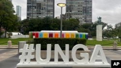 (FILE) The hashtag “#UNGA” sign is shown outside the U.N. General Assembly Hall at the United Nations, Saturday, Sept. 23, 2023.