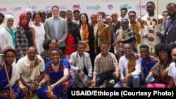 Participants at a U.S.-sponsored youth festival with the theme “Be Inspired, Own Your Future,” pose for a picture in Addis Ababa on May 3, 2023. (USAID/Ethiopia)