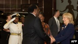 FILE: U.S. first lady Jill Biden is welcomed by Namibian President Hage Geingob at the State House in Windhoek, Feb. 23, 2023.