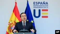 FILE - Spain's Foreign Minister Jose Manuel Albares addresses a media conference prior to talks on the Middle East in Brussels, on May 27, 2024. 