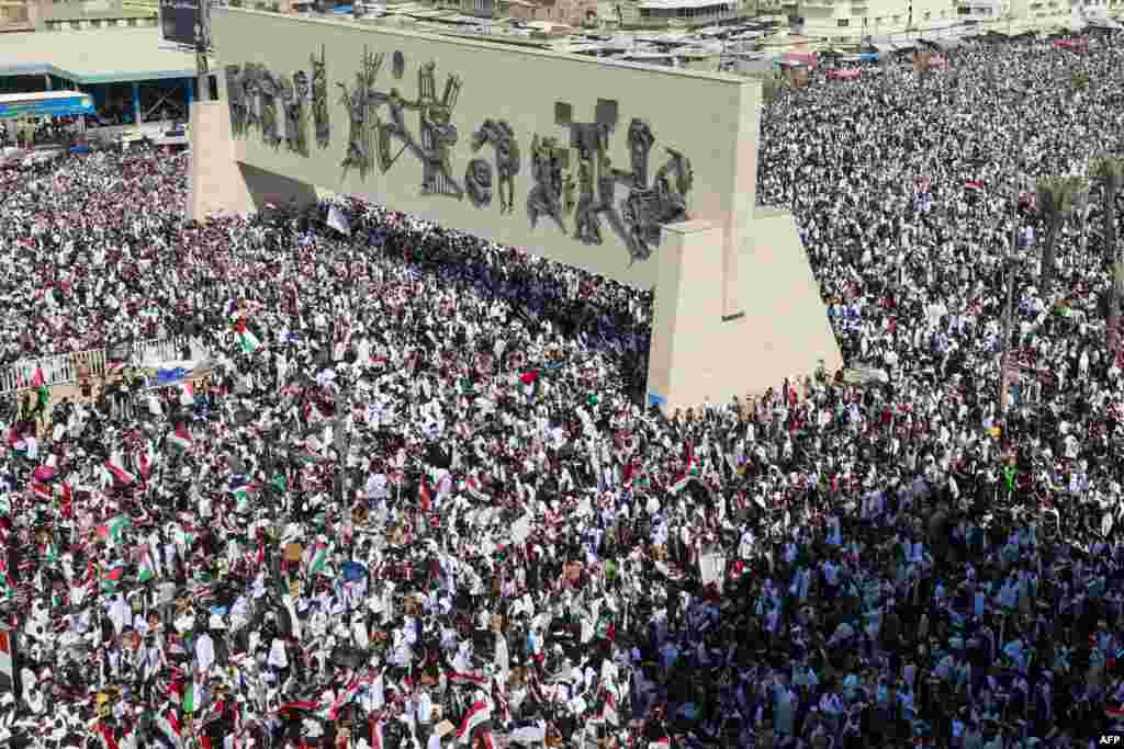 Protesters gather at Tahrir Square during an anti-Israel demonstration in Baghdad, amid the ongoing battles between Israel and the Palestinian Islamist group Hamas.