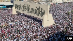 Protesters gather at Tahrir Square during an anti-Israel demonstration in Baghdad, amid the ongoing battles between Israel and the Palestinian Islamist group Hamas.