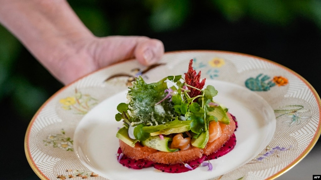 A dish of salmon, avocados, grapefruit, watermelon, radish and cucumber is shown during a media event ahead of the State Dinner for Japan's Prime Minister Fumio Kishida and his spouse Yuko Kishida, at the White House in Washington, DC, on April 9, 2024. (Photo, Drew ANGERER/AFP)