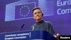 FILE - European Commissioner Margrethe Vestager pauses during a press conference in Brussels, Belgium, March 5, 2024.