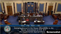 美国国会参议院星期二晚间以79票赞成、18票反对的表决结果通过一系列对外援助法案（院会视频截图）
