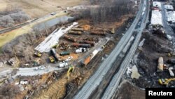 A general view of the site of the derailment of a train carrying hazardous waste in East Palestine, Ohio, Feb. 23, 2023.