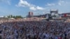 People enjoy a concert at the Atlas Festival in Kyiv, Ukraine, July 21, 2024. 