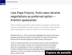 Captura del artículo de TASS donde el portavoz del Kremlin analiza el apoyo de Rusia al llamado del papa a negociaciones.