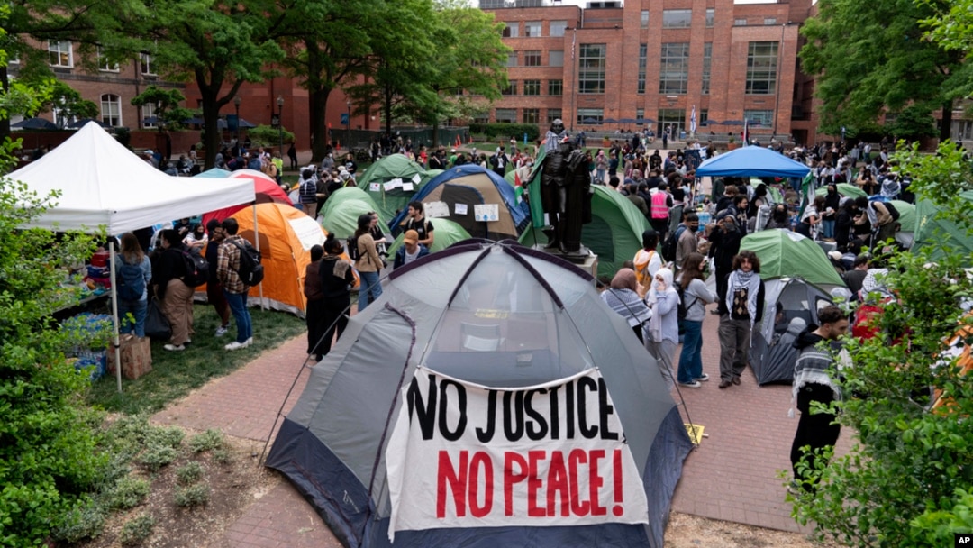George Washington University students set tents in the campus during a pro-Palestinian protest against the Israel-Hamas war, April 25, 2024, in Washington.