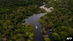 FILE - Aerial view of a boat on the Jurura river in Brazil, March 15, 2020. A team of scientists is using bioacoustics and artificial intelligence to learn more about animal life and habitats in the tropics.