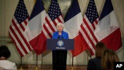 U.S. Treasury Secretary Janet Yellen delivers her speech at the U.S embassy to France, ahead of the Global Climate Finance conference, Thursday, June 22, 2023 in Paris. 