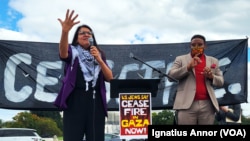U.S. Congresswoman Rashida Tlaib (D. MI) addresses pro-Palestinian protesters at a rally organized by two Jewish organizations in Washington, D.C. on Wednesday Oct. 18, 2023.