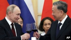俄罗斯总统普京2024年6月20日访问越南期间和和越南国家主席苏林碰杯。